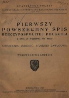 Pierwszy powszechny spis Rzeczypospolitej Polskiej z dnia 30 września 1921 roku : mieszkania, ludność, stosunki zawodowe : województwo łódzkie