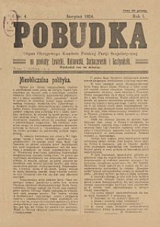 Pobudka : organ Okręgowego Komitetu Polskiej Partji Socjalistycznej na powiaty: Łowicki, Kutnowski, Sochaczewski i Gostyniński : wychodzi raz na miesiąc. 1924-08 R. 1 nr 4