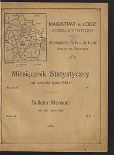 Miesięcznik Statystyczny = Bulletin Mensuel / Magistrat M. Łodzi, Wydział Statystyczny. 1922-05/07 R. 5 no 5/7