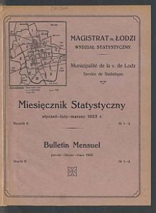 Miesięcznik Statystyczny = Bulletin Mensuel / Magistrat M. Łodzi, Wydział Statystyczny. 1923-01/03 R. 6 no 1/3