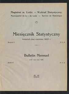 Miesięcznik Statystyczny = Bulletin Mensuel / Magistrat M. Łodzi, Wydział Statystyczny. 1923-04/06 R. 6 no 4/6