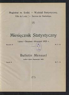 Miesięcznik Statystyczny = Bulletin Mensuel / Magistrat M. Łodzi, Wydział Statystyczny. 1923-07/09 R. 6 no 7/9