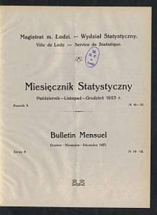 Miesięcznik Statystyczny = Bulletin Mensuel / Magistrat M. Łodzi, Wydział Statystyczny. 1923-10/12 R. 6 no 10/12